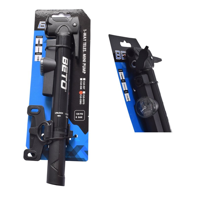 Inflador mini telescopico Beto CLD-038G con manometro 120 PSI para bicicleta de ruta y MTB